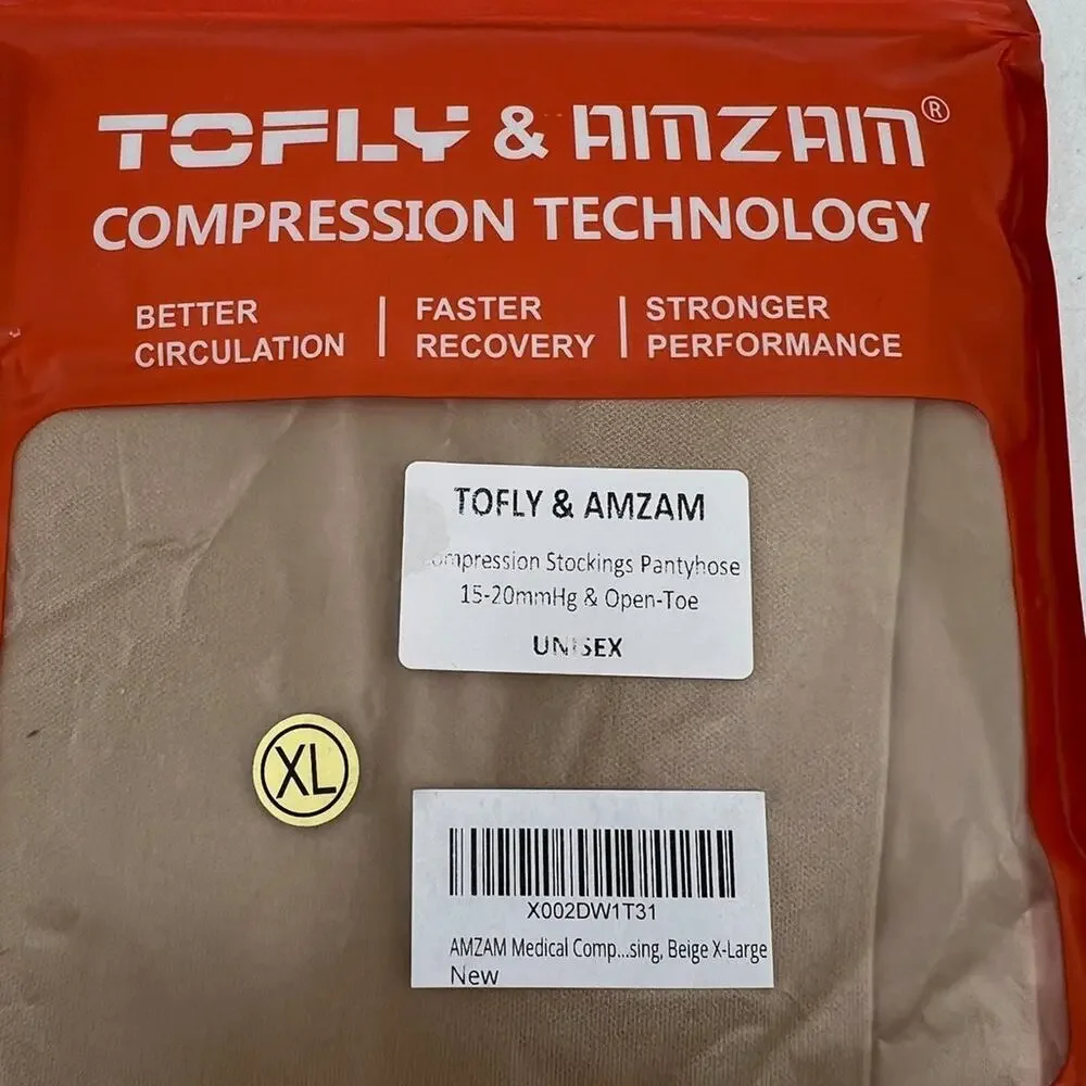 Tofly & Amzam Pantyhose Womens XL Beige Compression Stocking Open Toe Pantyhose
